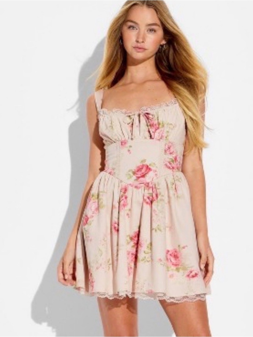 wild fable Pink Rose-Print Lace-Trim Mini Dress